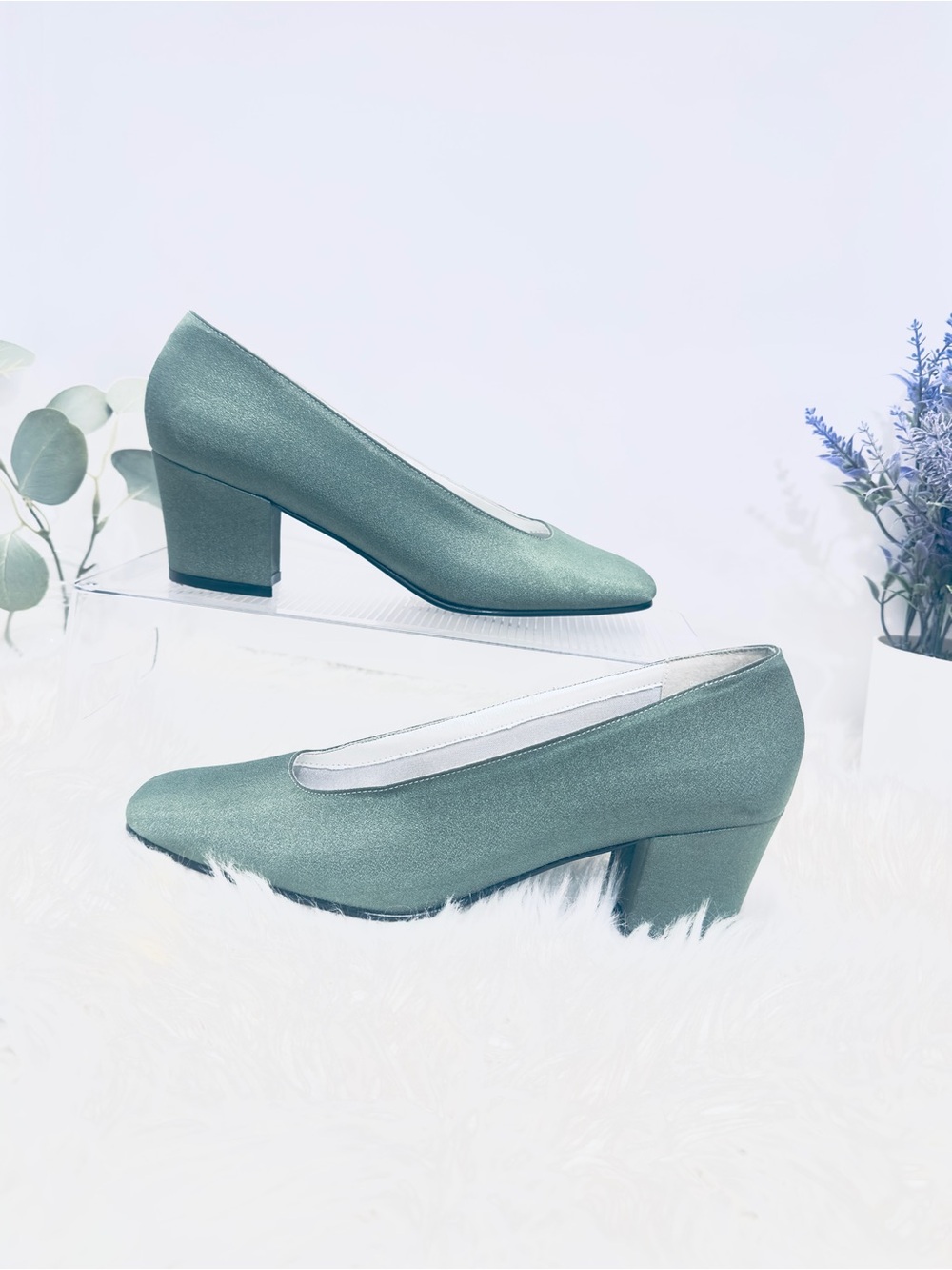 Beautiful Sage Green Color • Mid Block Heel Pumps• Square toe• Leather Sole